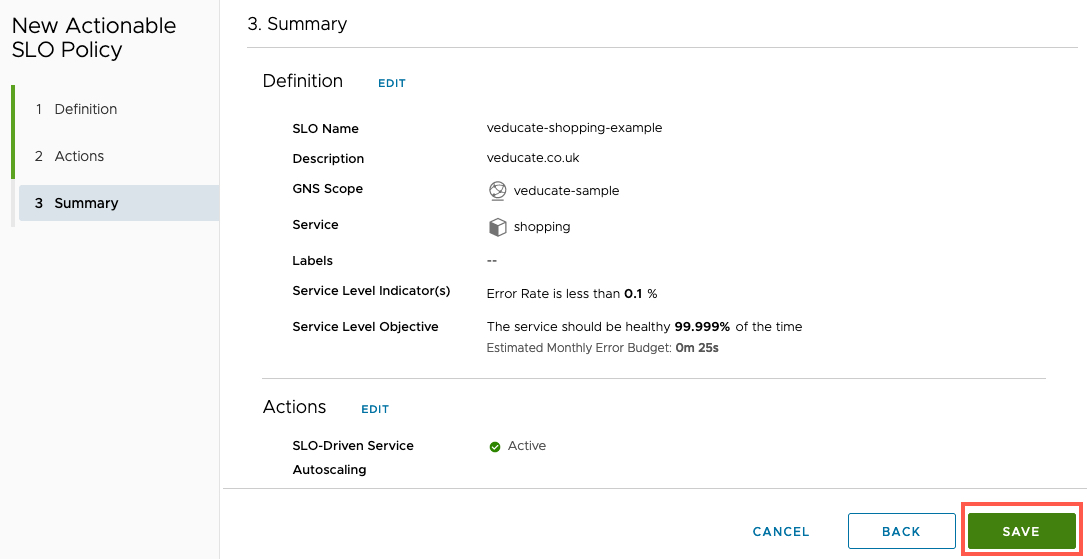 Tanzu Service Mesh - Policies - SLOs - New SLO Policy - Summary