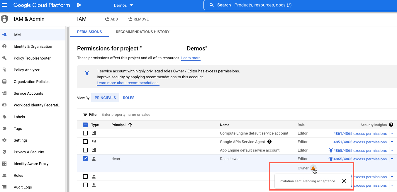 google cloud - IAM - Invitation sent pending acceptance