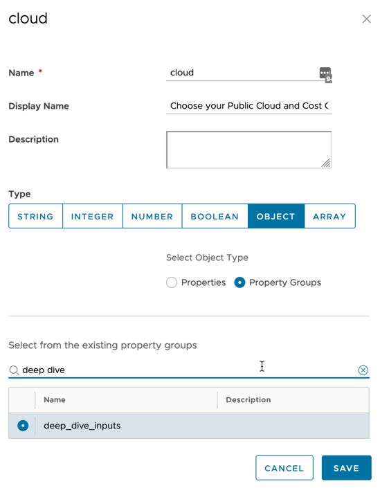 vRA - Cloud Template - New Input - Object - Property group