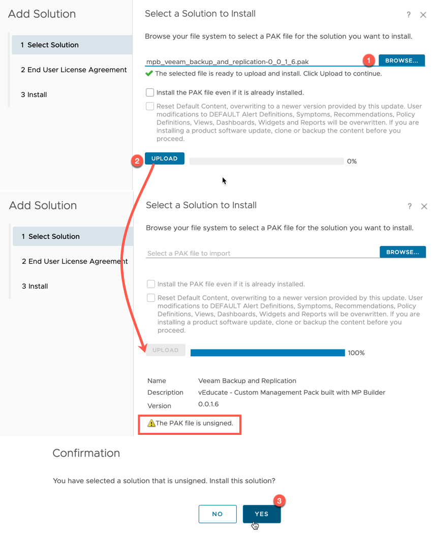 vRealize Operations - Data Sources - Integrations - Repository - Add - Select a solution to install - pak file is unsigned