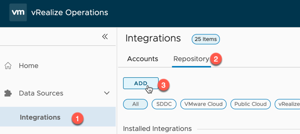 vRealize Operations - Data Sources - Integrations - Repository - Add