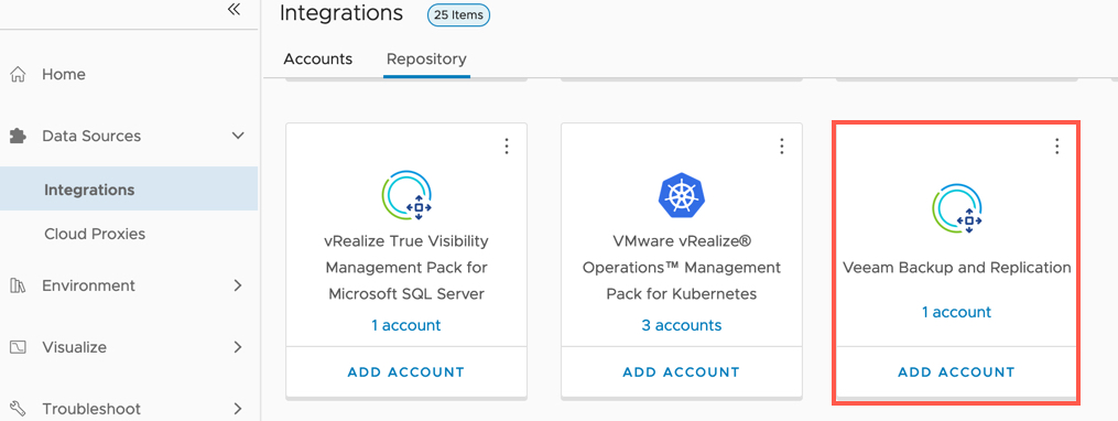 vRealize Operations - Data Sources - Integrations - Repository