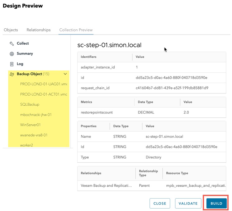 vRealize Operations Management Pack Builder - Build the management pack - Design Preview - Collection Preview - View an object - Build management pack