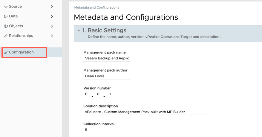 vRealize Operations Management Pack Builder - Configuration