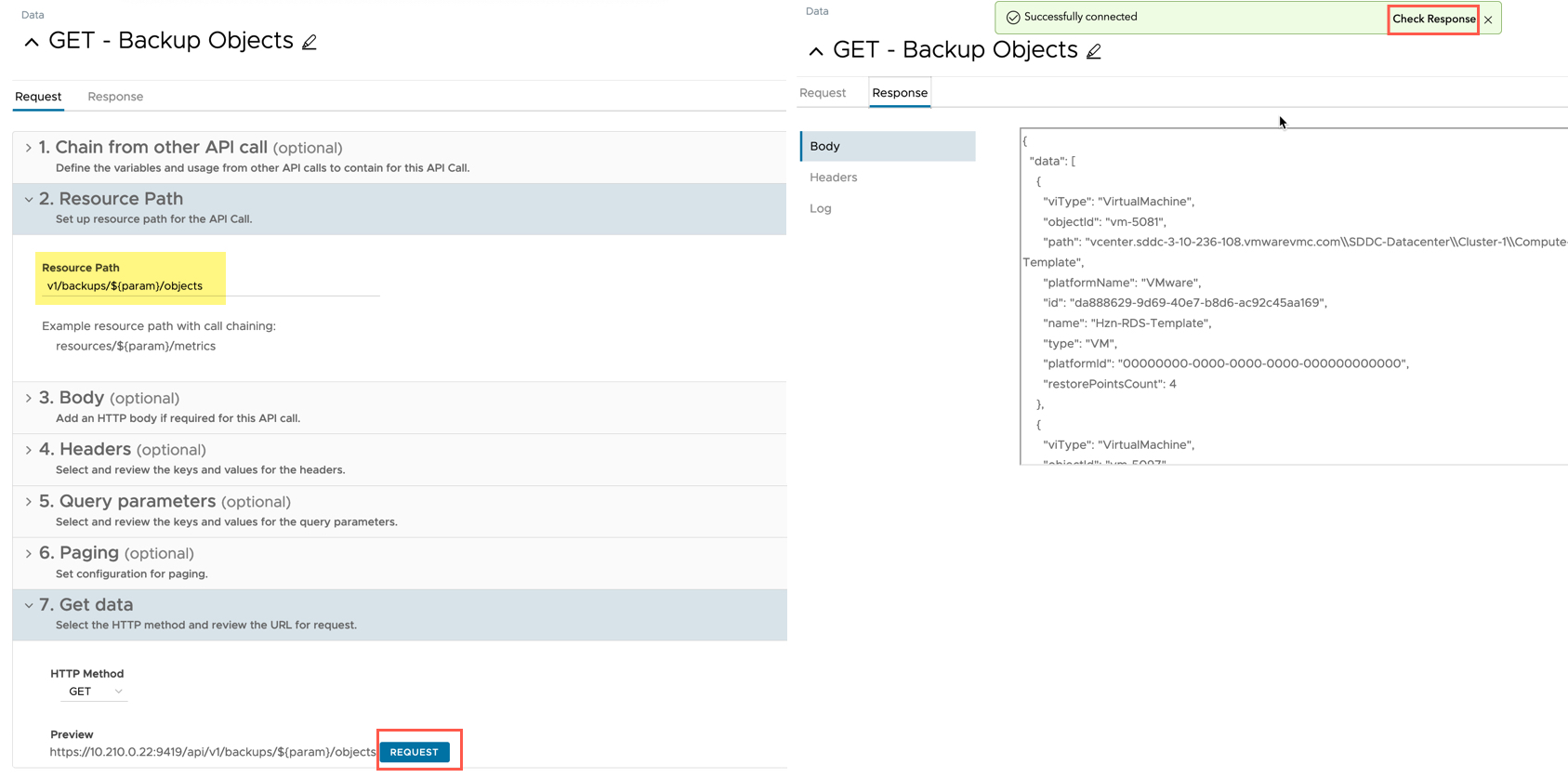 vRealize Operations Management Pack Builder - Data - Add Chained Request - Backup Objects