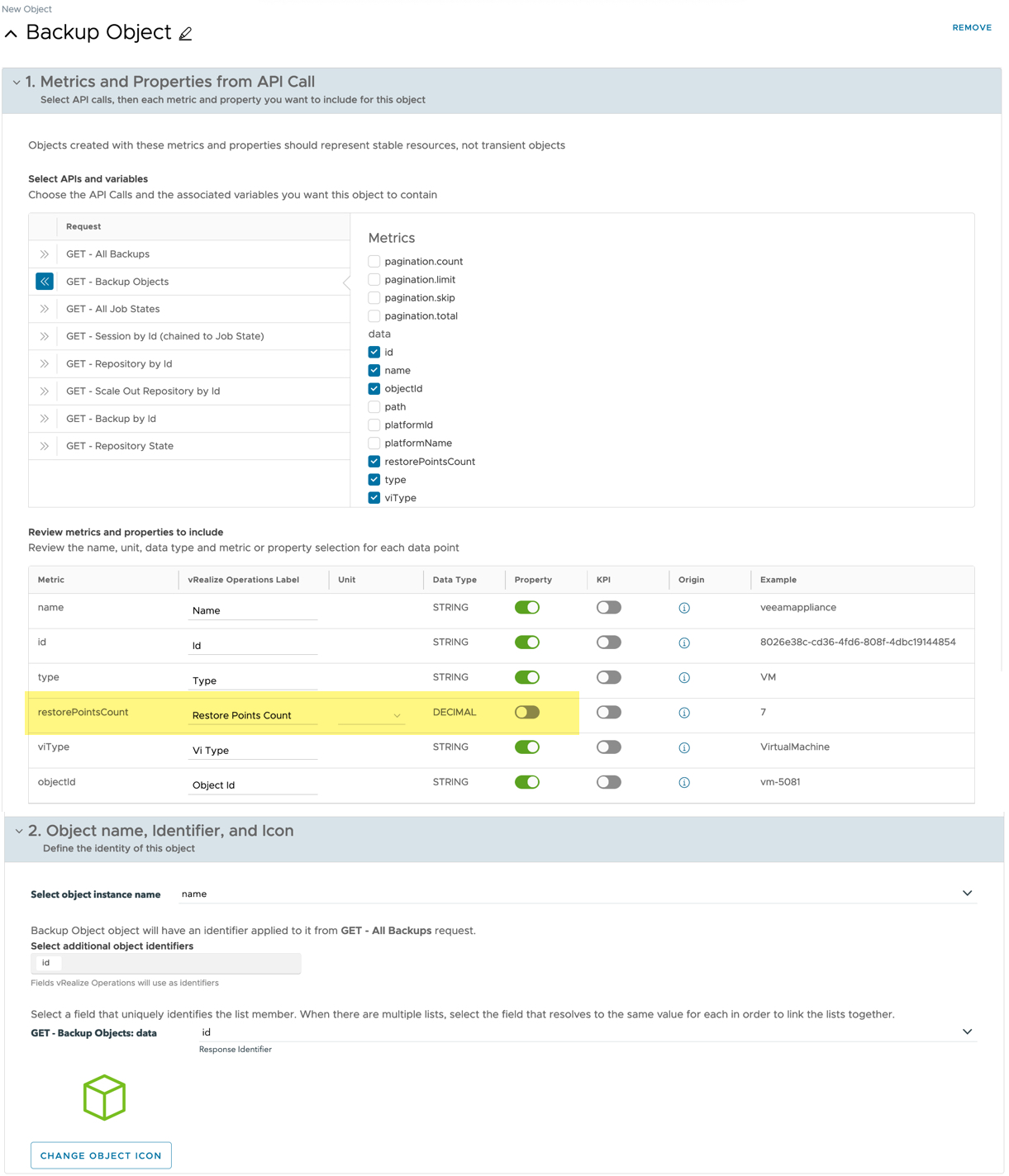 vRealize Operations Management Pack Builder - Objects - New Object - Backup Object example
