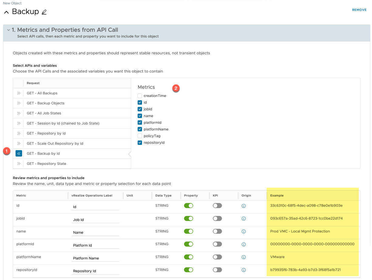 vRealize Operations Management Pack Builder - Objects - New Object - Metrics and Properties from API Call