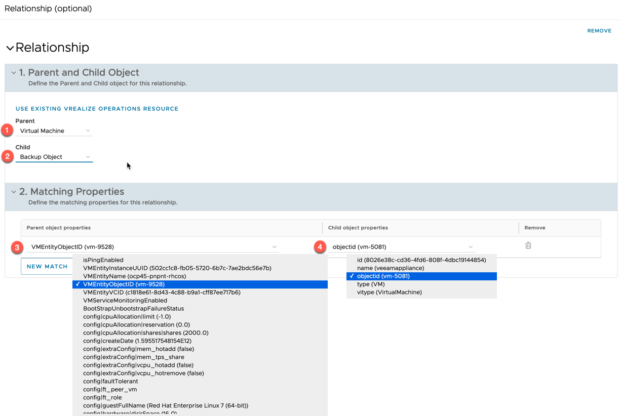 vRealize Operations Management Pack Builder - Relationship - New Relationship - Use existing vrealize operations resource - Matching Properties