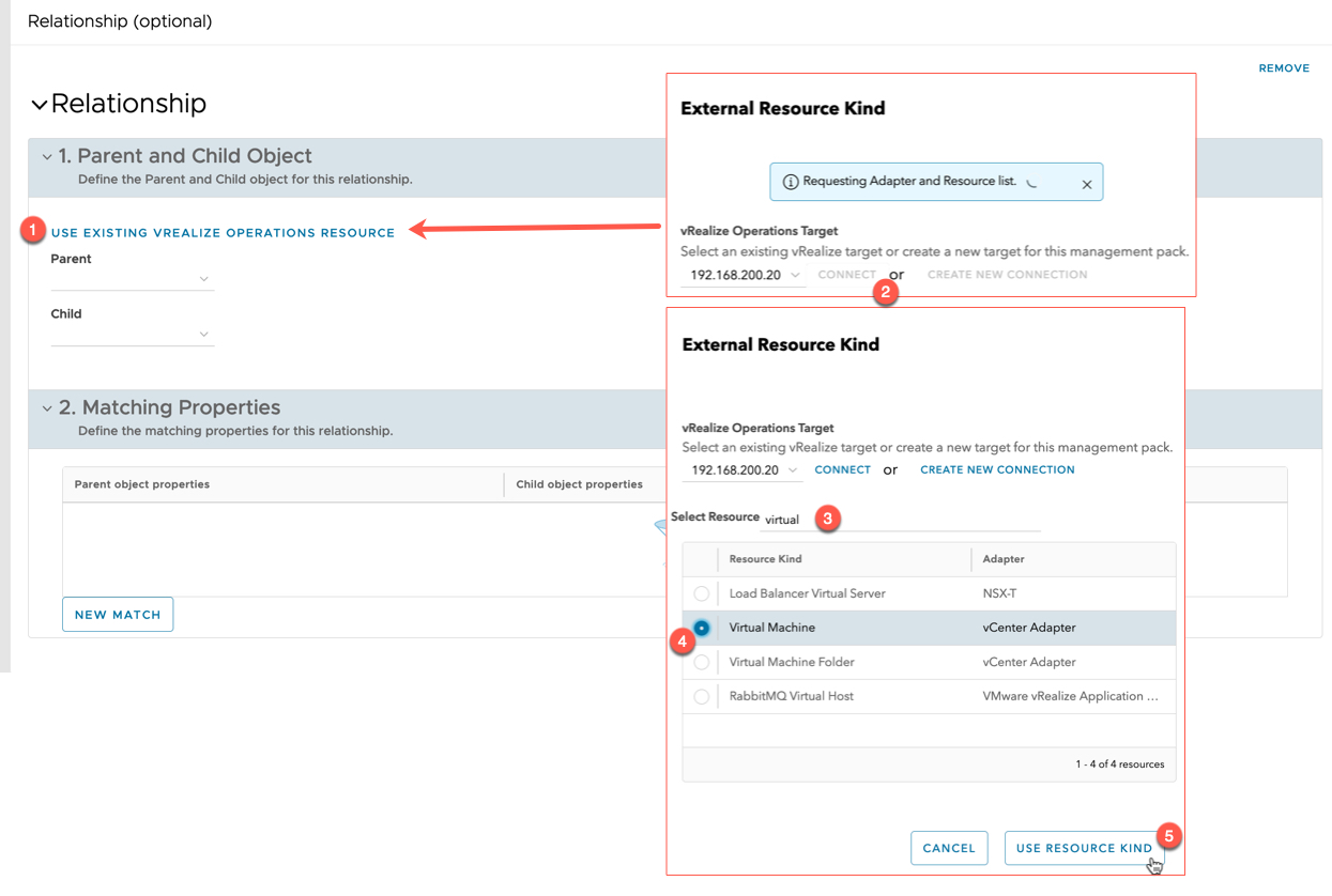 vRealize Operations Management Pack Builder - Relationship - New Relationship - Use existing vrealize operations resource