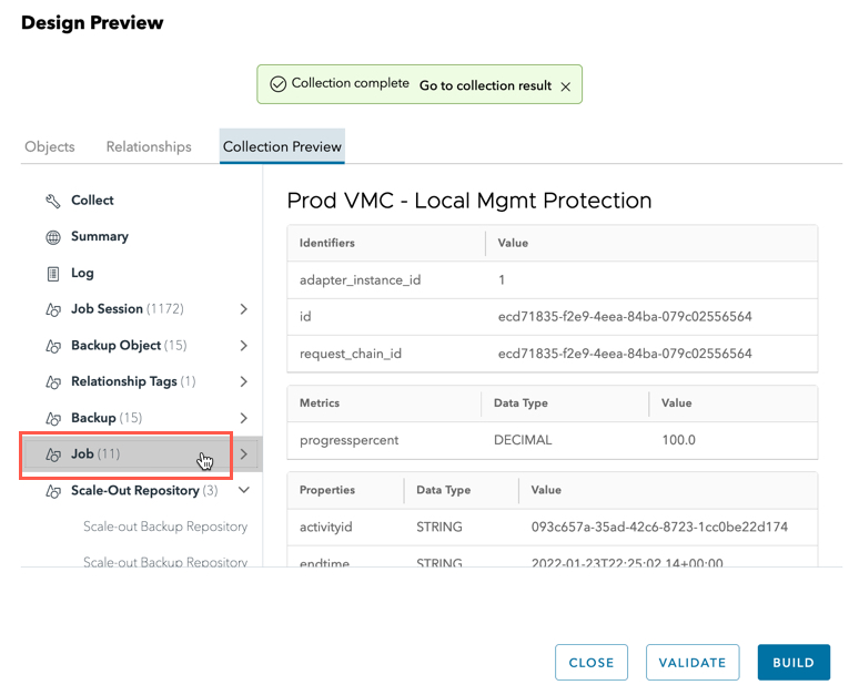 vRealize Operations - Management Pack Builder - Troubleshoot - Job Sessions - Collection Preview