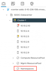 VMC - TKG Activated - vCenter - Hosts and Clusters - Namespace