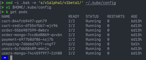 eks - aws-iam-authenticator - sed -i .bak -e 's:v1alpha1:v1beta1:' ~:.kube:config