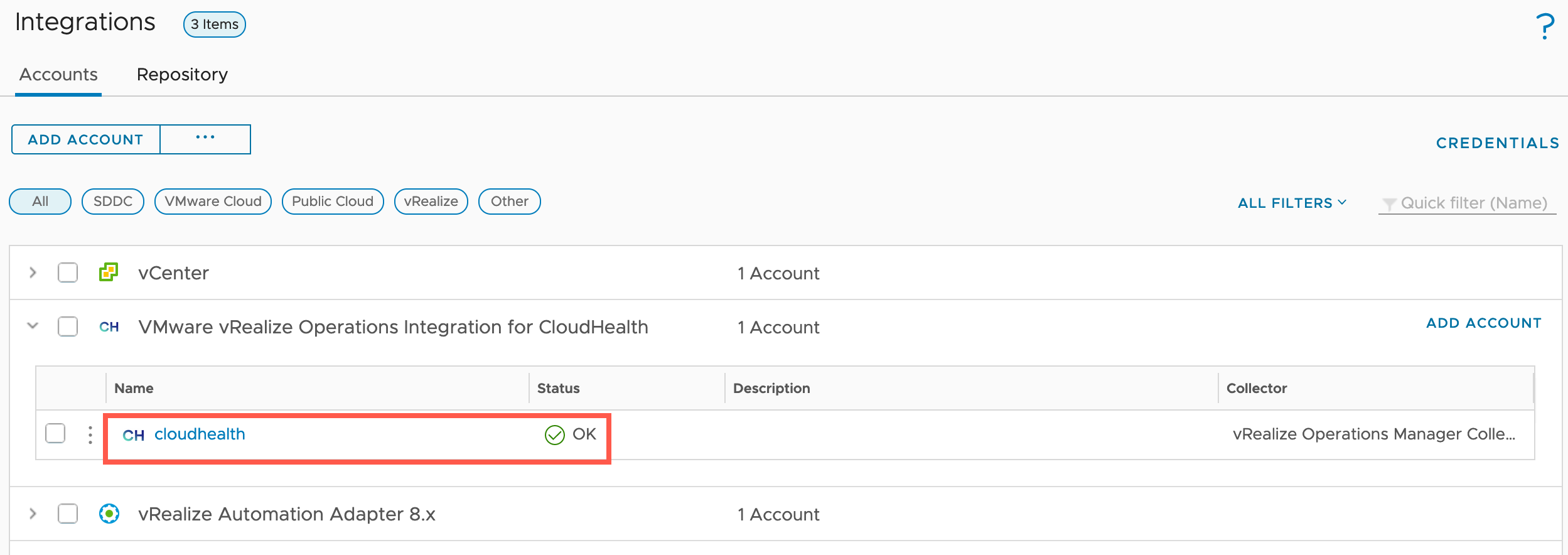 vRealize Operations - CloudHealth Integration - Account Status