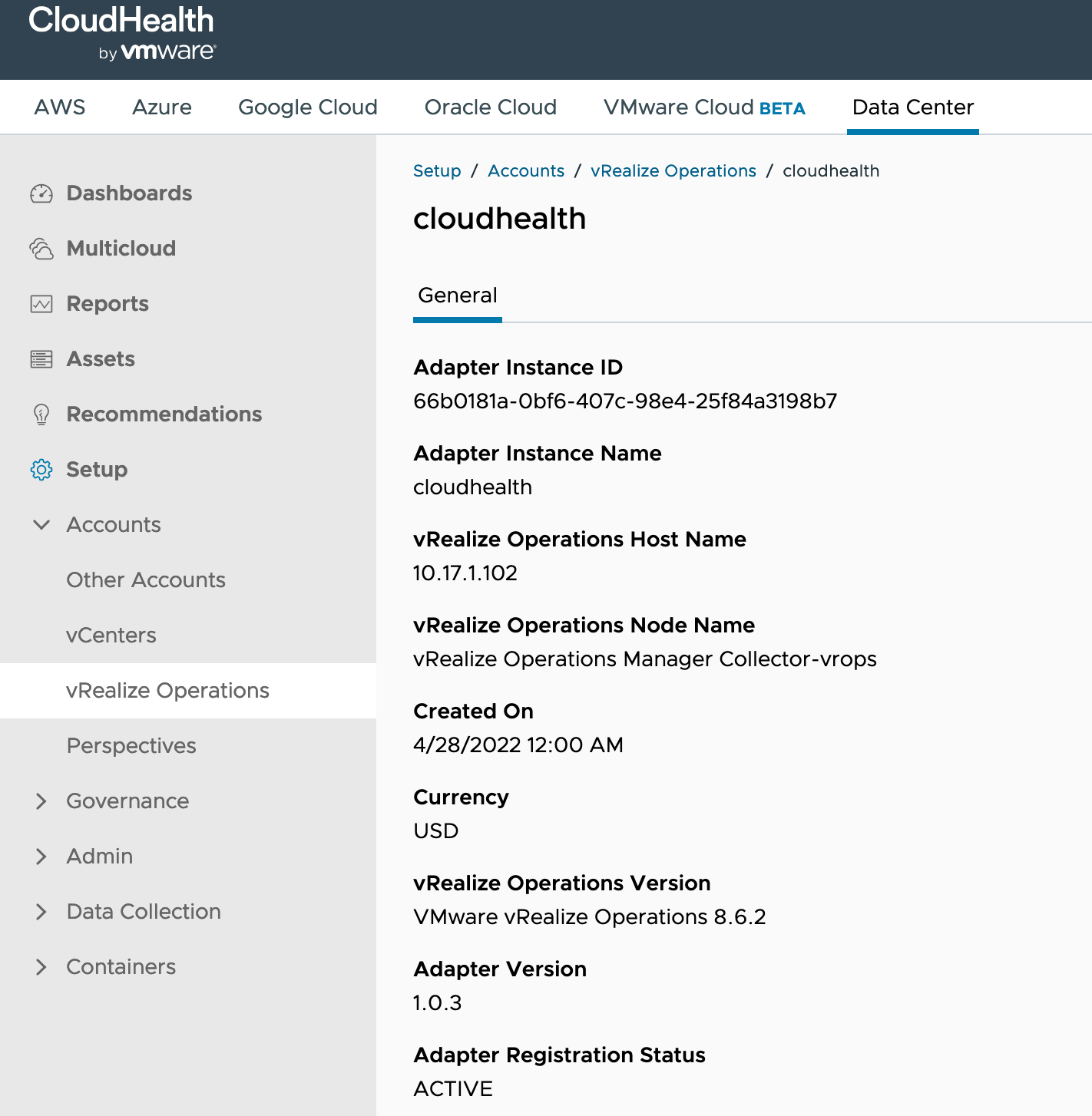 vRealize Operations - CloudHealth Integration - CloudHealth - Data Center - Accounts - vRealize Operations Details