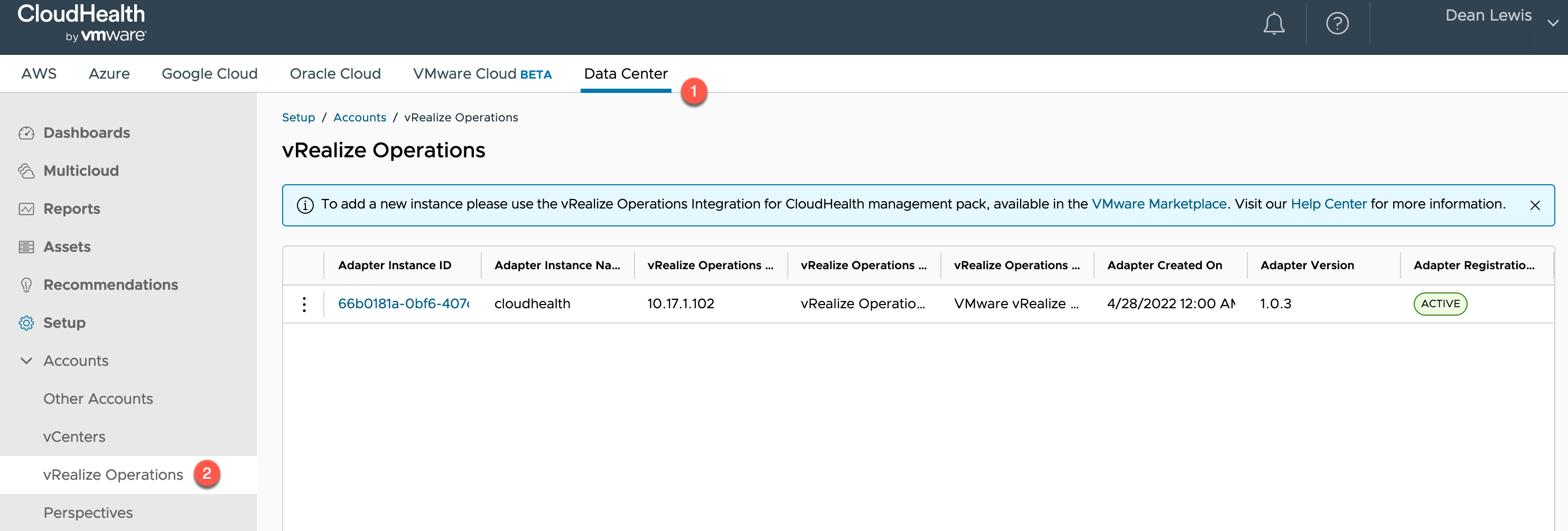 vRealize Operations - CloudHealth Integration - CloudHealth - Data Center - Accounts - vRealize Operations