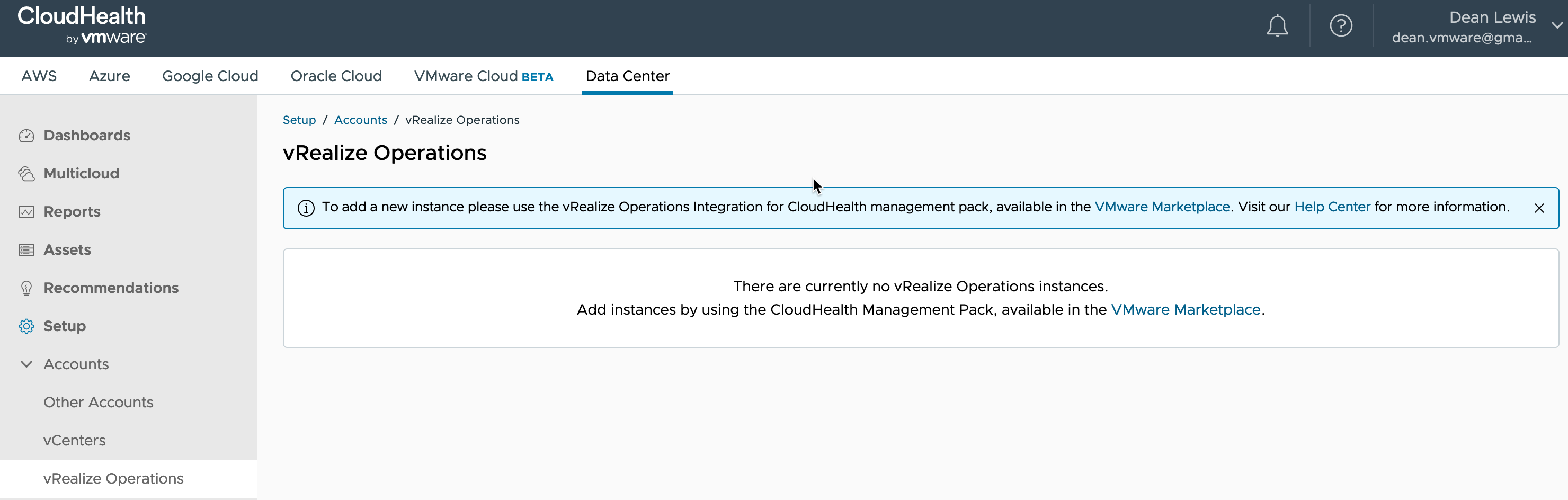 vRealize Operations - CloudHealth Integration - CloudHealth vRealize Operations Account Page