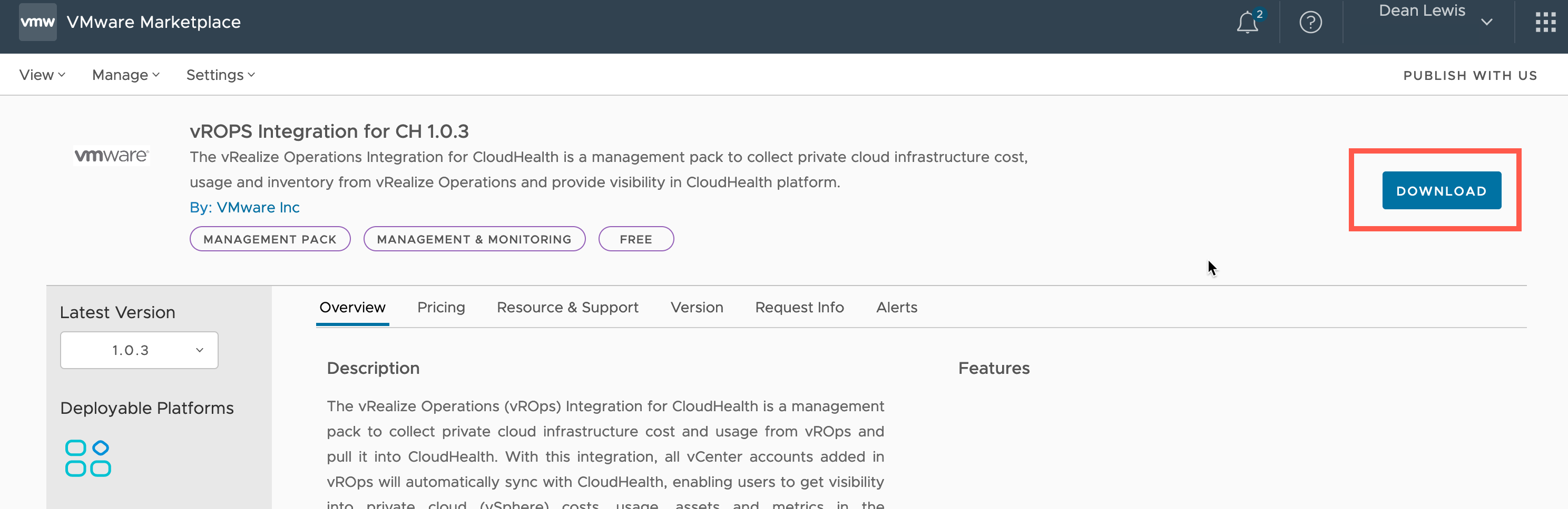 vRealize Operations - CloudHealth Integration - Download Management Pack