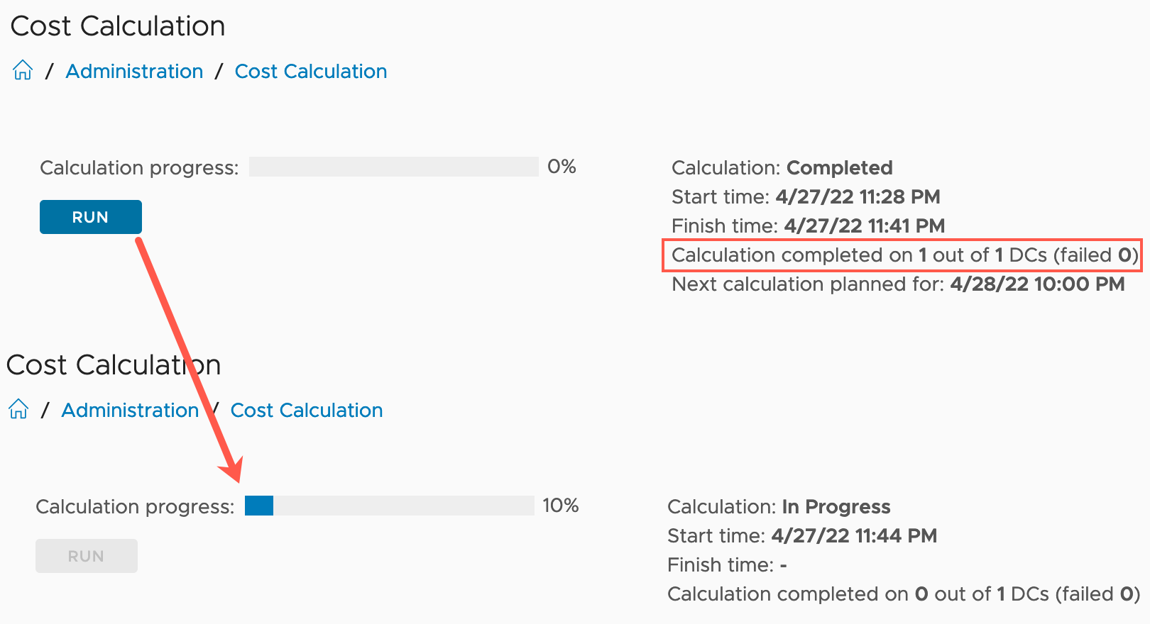 vRealize Operations - Costing - Administration - Cost Calculation - Calculation in progress