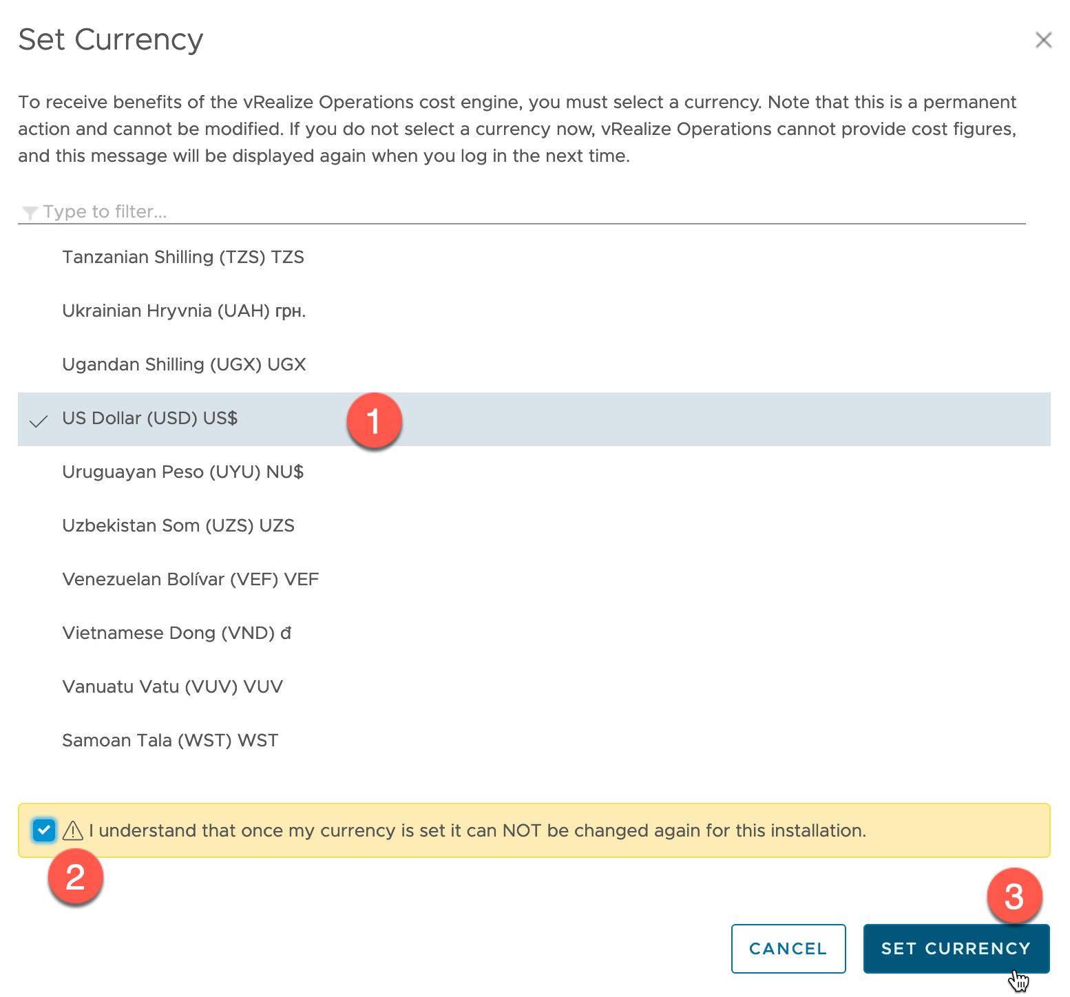 vRealize Operations - Costing - Administration - Global Settings - Cost Price - Set Currency 2