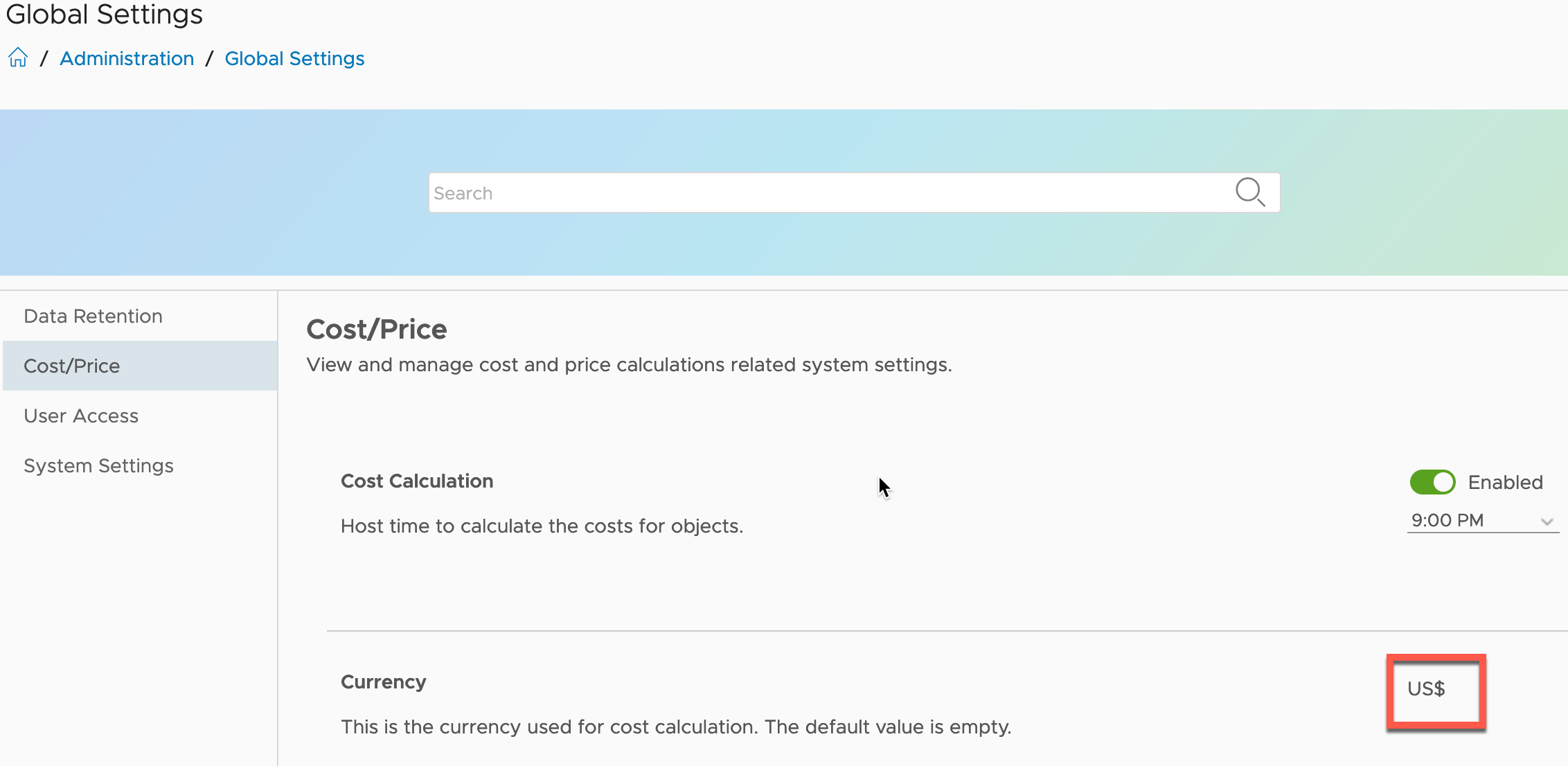 vRealize Operations - Costing - Administration - Global Settings - Cost Price - Set Currency - Currency Successfully Set 2