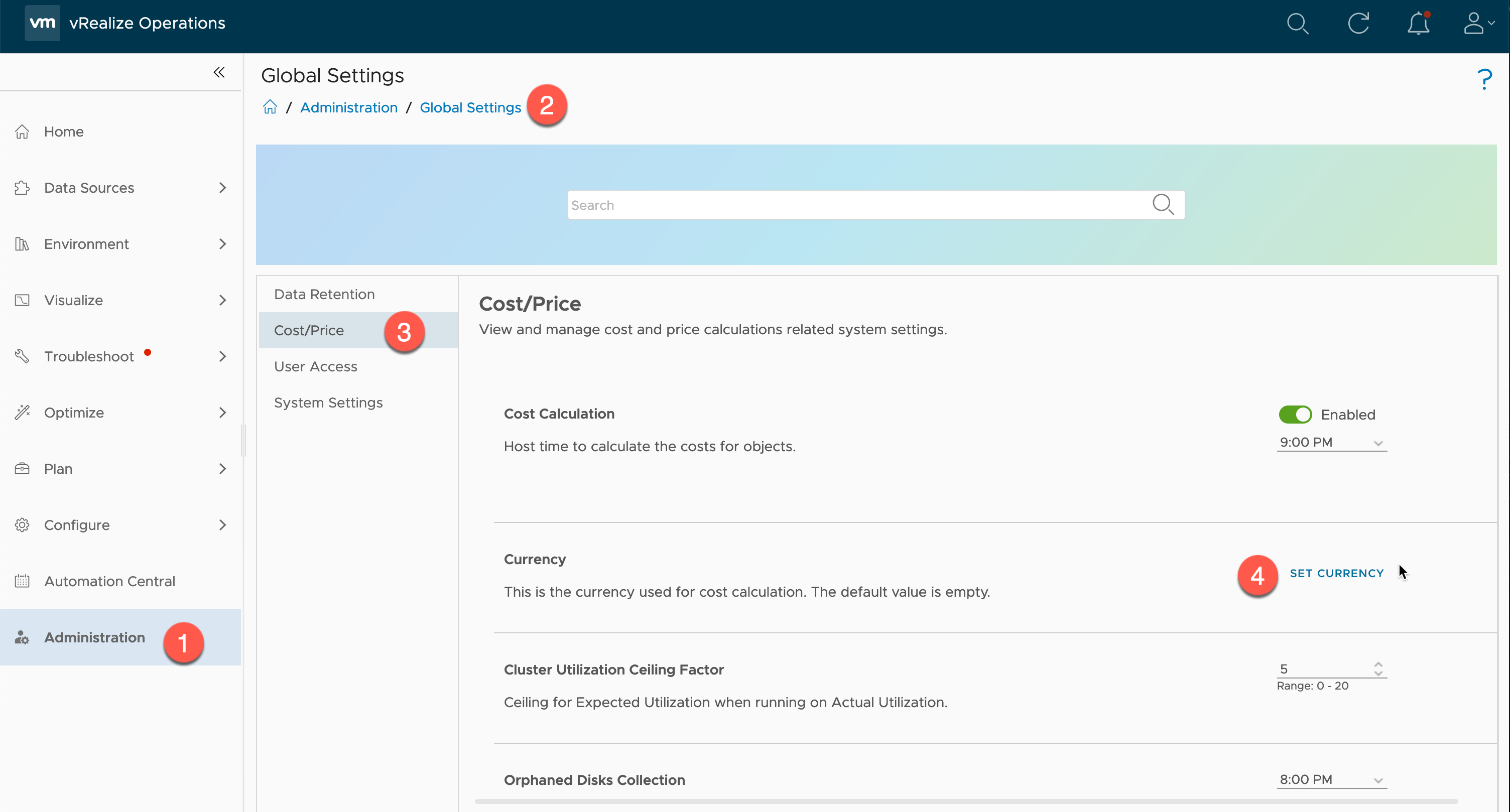 vRealize Operations - Costing - Administration - Global Settings - Cost Price - Set Currency