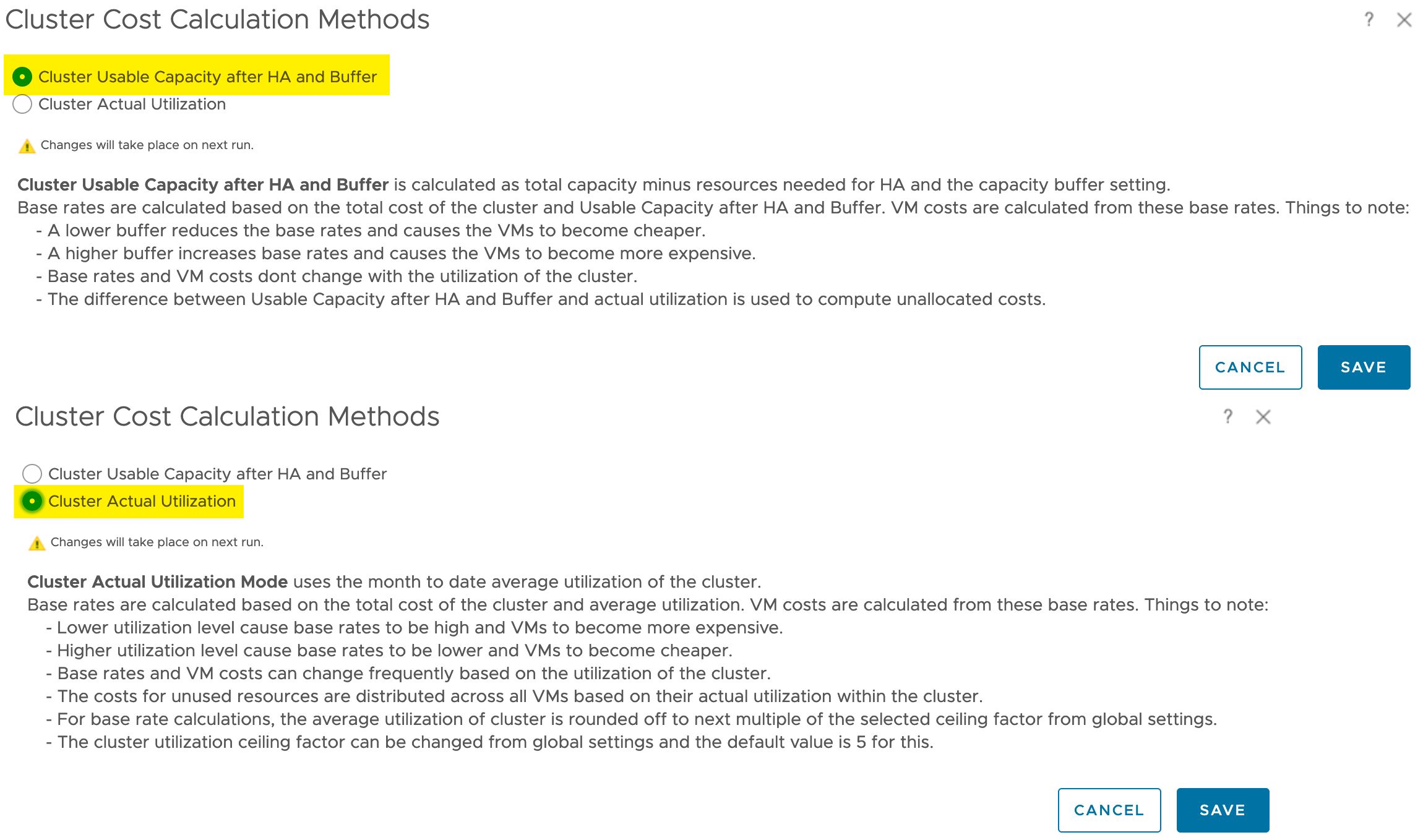 vRealize Operations - Costing - Configure - Cost Settings - Cluster Cost - Calculation Methods