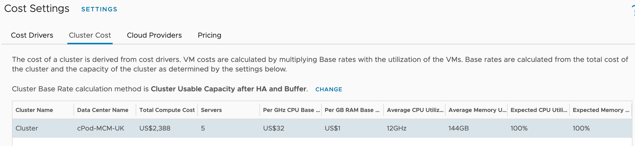vRealize Operations - Costing - Configure - Cost Settings - Cluster Cost