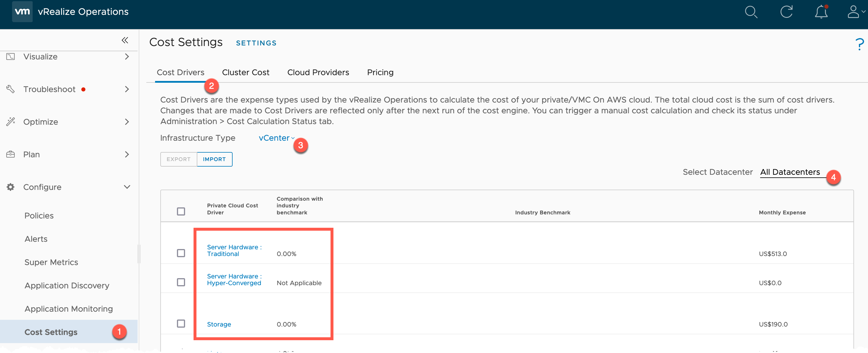 vRealize Operations - Costing - Configure - Cost Settings - Cost Drivers