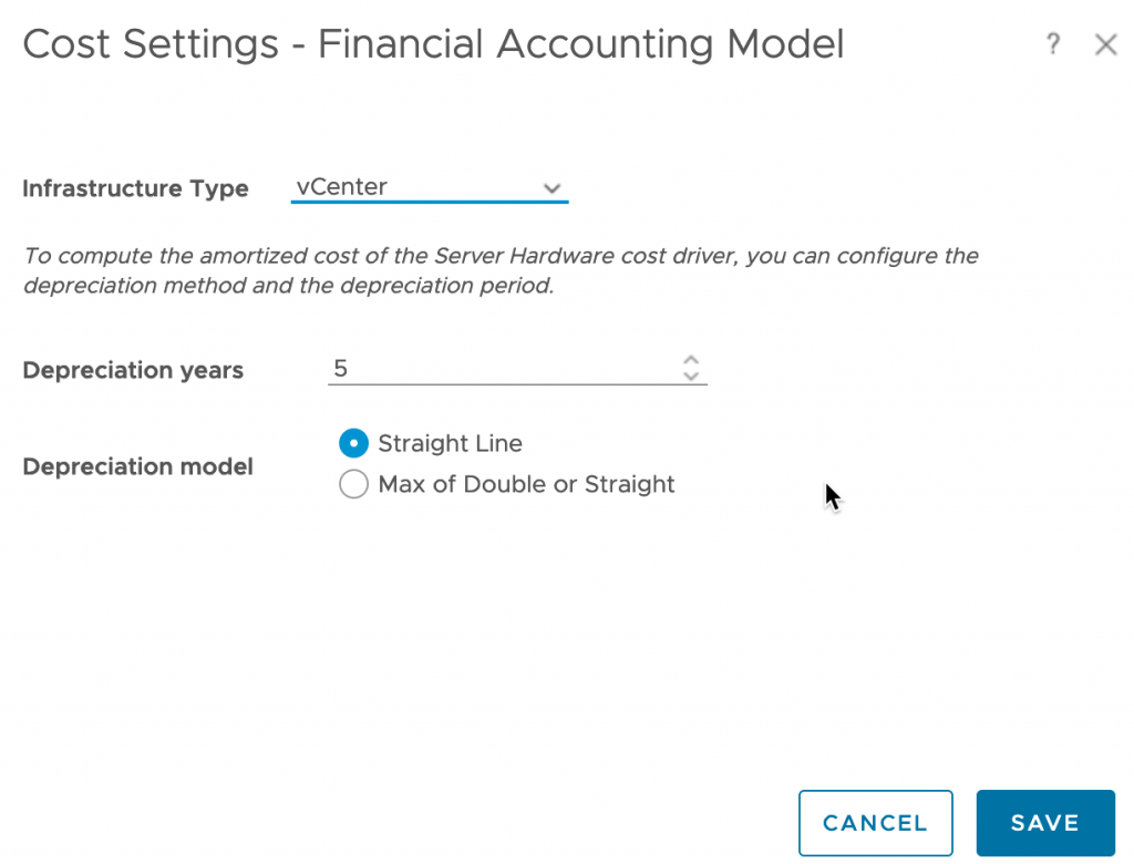 vRealize Operations - Costing - Configure - Cost Settings - Financial Account Model - vCenter