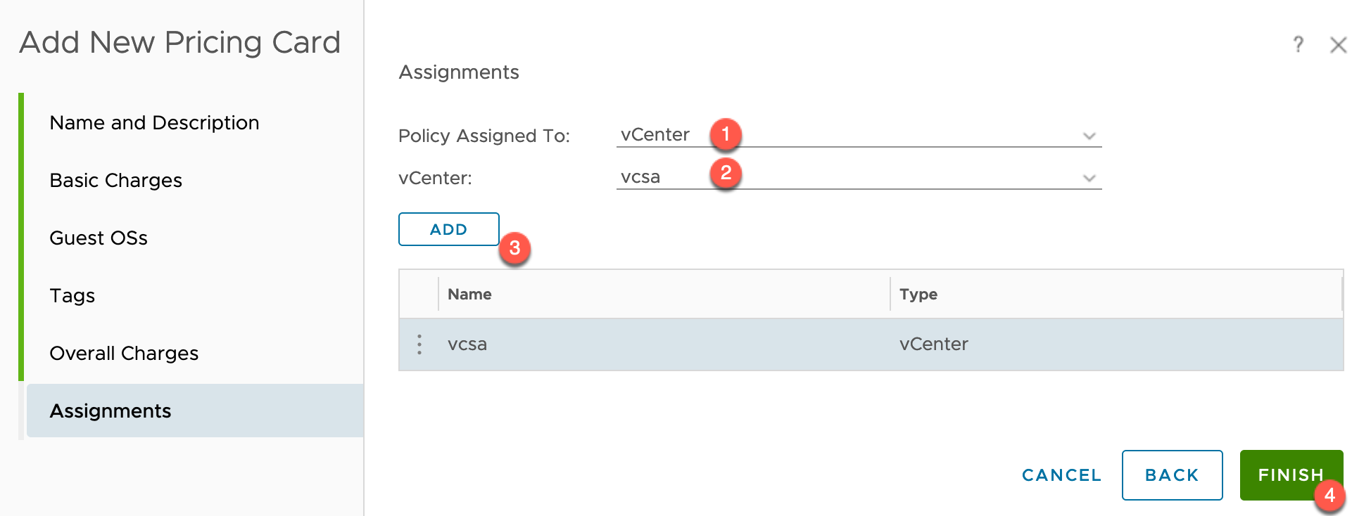 vRealize Operations - Costing - Configure - Cost Settings - Pricing - Add New Pricing Card - Create a Default Pricing Card - Assignments