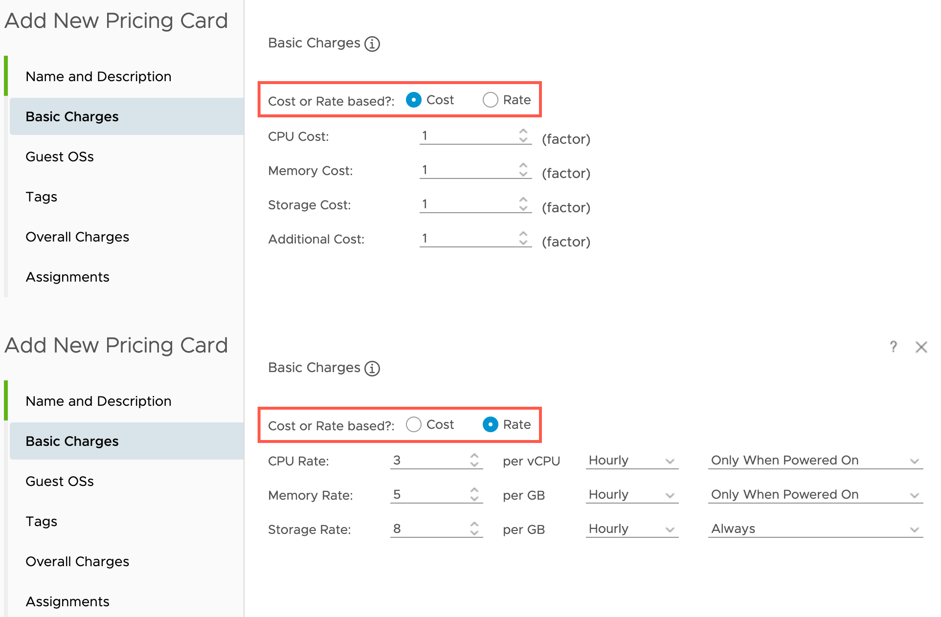 vRealize Operations - Costing - Configure - Cost Settings - Pricing - Add New Pricing Card - Create a Default Pricing Card - Basic Charges