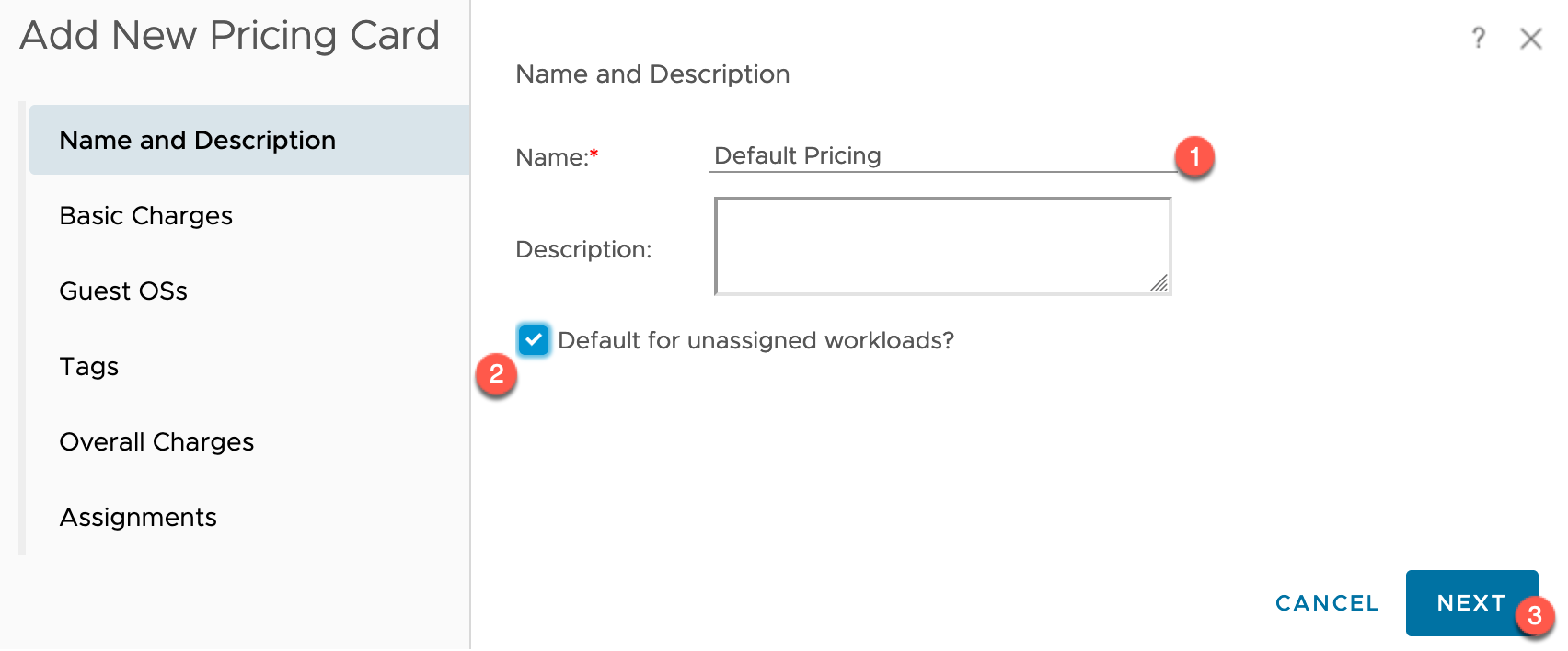 vRealize Operations - Costing - Configure - Cost Settings - Pricing - Add New Pricing Card - Create a Default Pricing Card