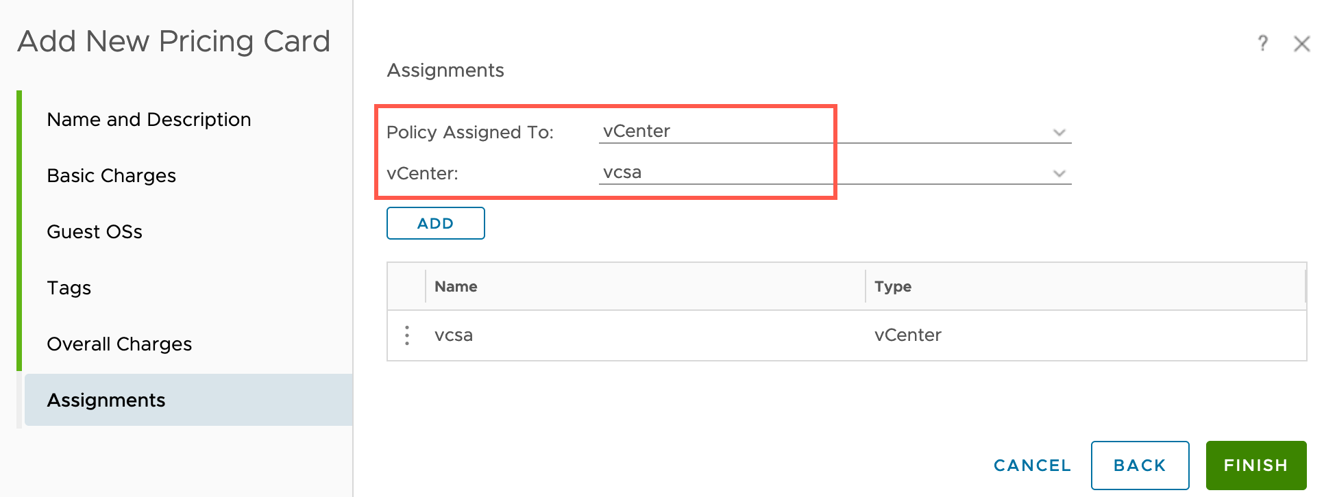 vRealize Operations - Costing - Configure - Cost Settings - Pricing - Add New Pricing Card - Create a Pricing Card - Assignments