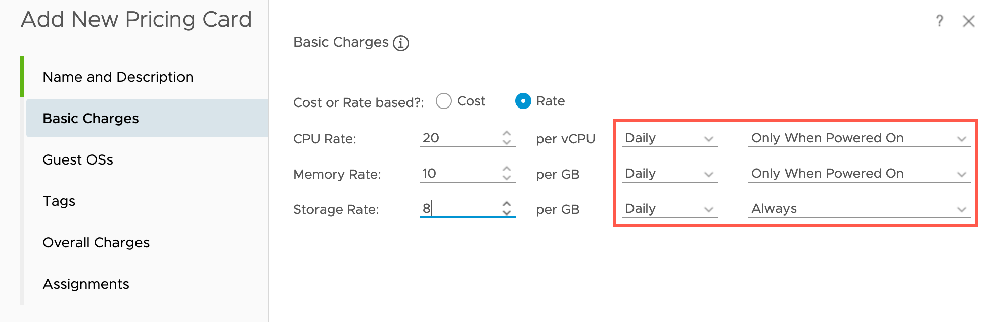 vRealize Operations - Costing - Configure - Cost Settings - Pricing - Add New Pricing Card - Create a Pricing Card - Basic Charges - Rate Based