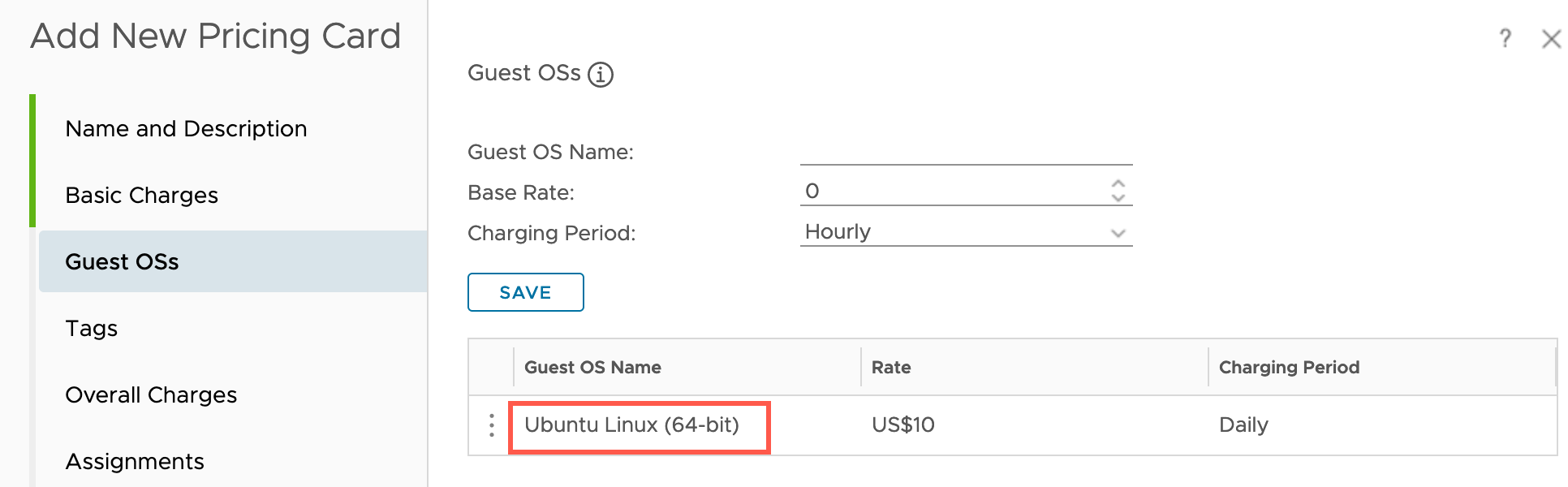 vRealize Operations - Costing - Configure - Cost Settings - Pricing - Add New Pricing Card - Create a Pricing Card - Guest OSs