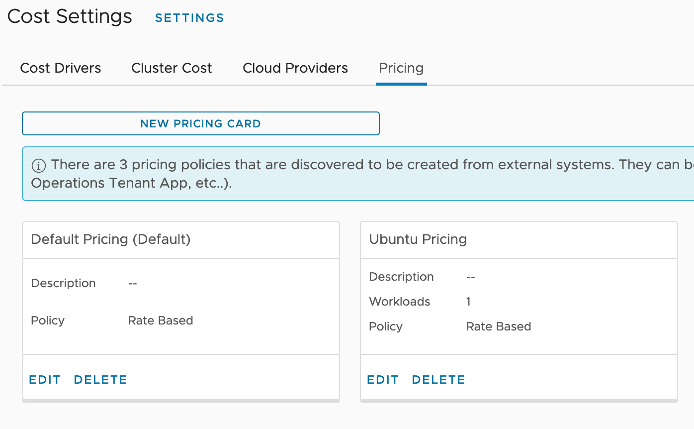 vRealize Operations - Costing - Configure - Cost Settings - Pricing - Pricing Cards Created