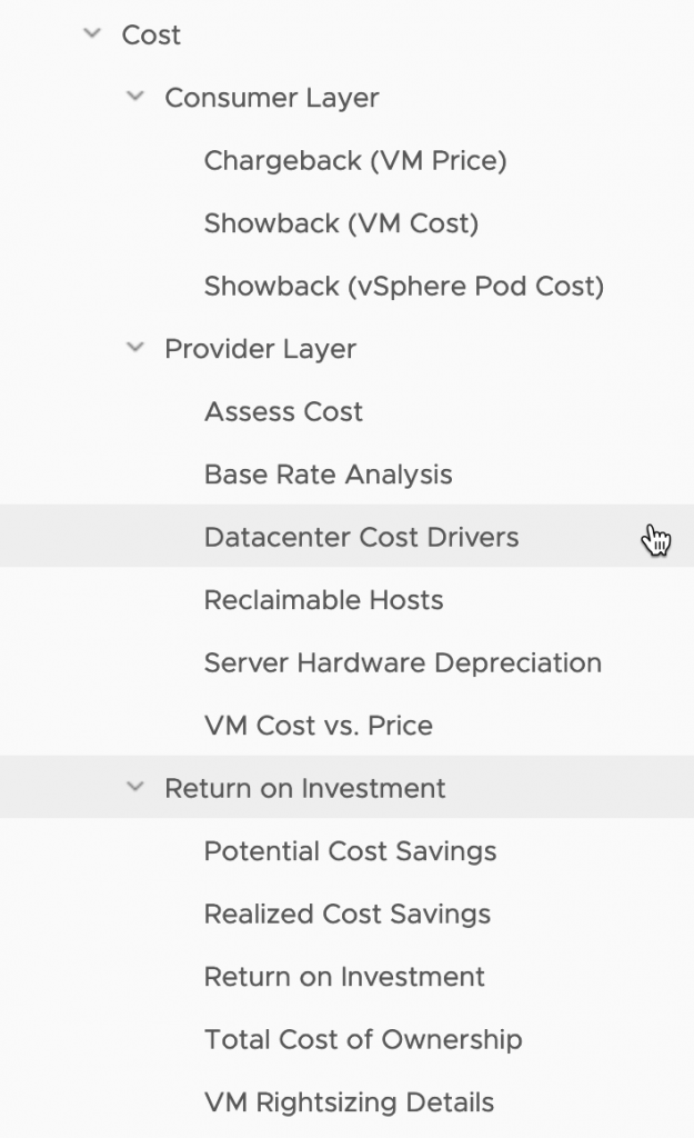 vRealize Operations - Costing - Cost Dashboards - Navigation