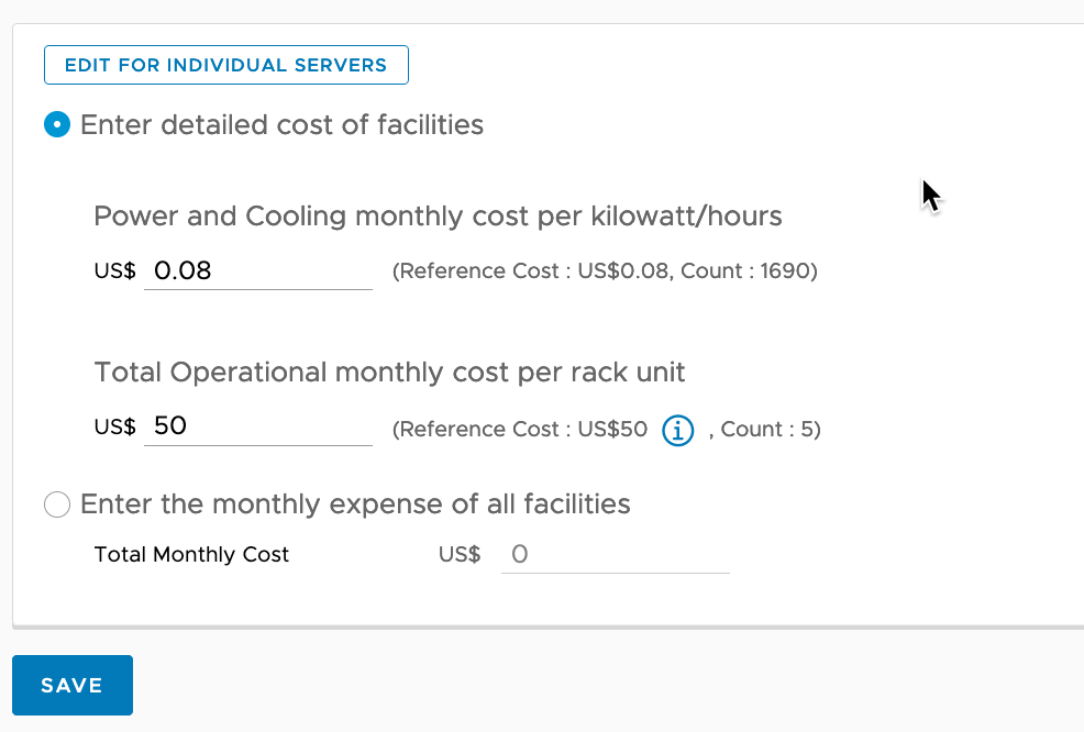 vRealize Operations - Costing - Cost Drivers - Facilities