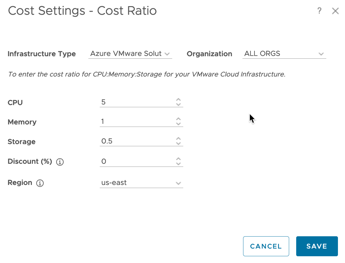 vRealize Operations - Costing - Cost Settings - Cost Ratio - Azure VMware Solution