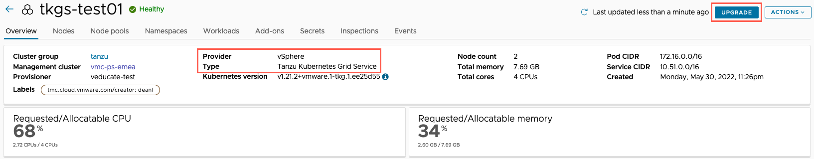 Managed Tanzu Kubernetes Service - VMC - TMC - Create Cluster - Cluster Created - Upgrade
