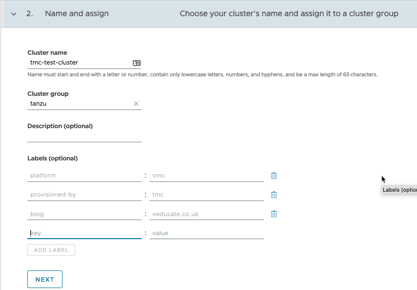 Managed Tanzu Kubernetes Service - VMC - TMC - Create Cluster - Name and Assign