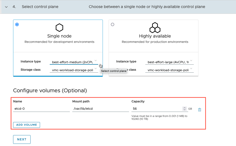 Managed Tanzu Kubernetes Service - VMC - TMC - Create Cluster - Select Control Plane