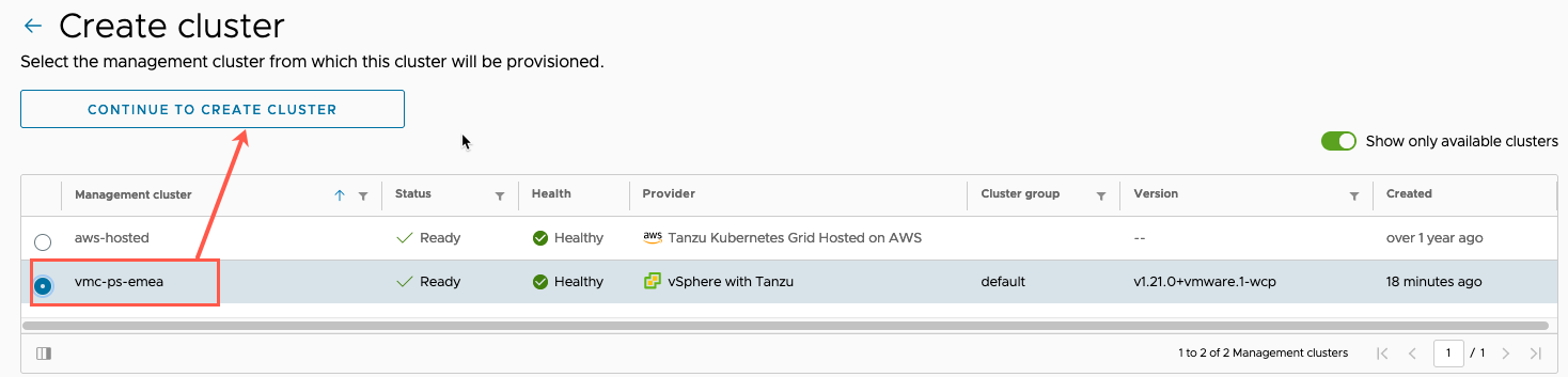Managed Tanzu Kubernetes Service - VMC - TMC - Create Cluster - Select Management Cluster