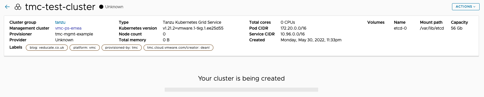 Managed Tanzu Kubernetes Service - VMC - TMC - Create Cluster - Your cluster is being created
