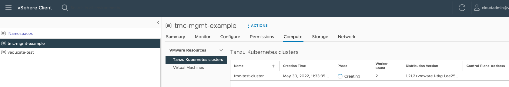 Managed Tanzu Kubernetes Service - VMC - TMC - Create Cluster - vCenter - Namespaces