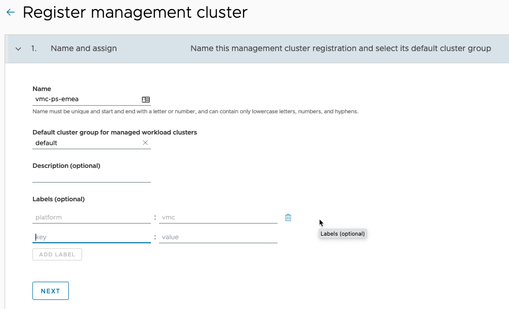Managed Tanzu Kubernetes Service - VMC - TMC - Register Management Cluster - Name and Assign