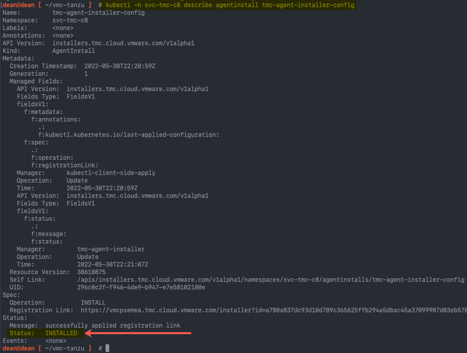 Managed Tanzu Kubernetes Service - VMC - TMC - Supervisor Cluster - Kubectl describe agentinstall tmc-agent-installer-config