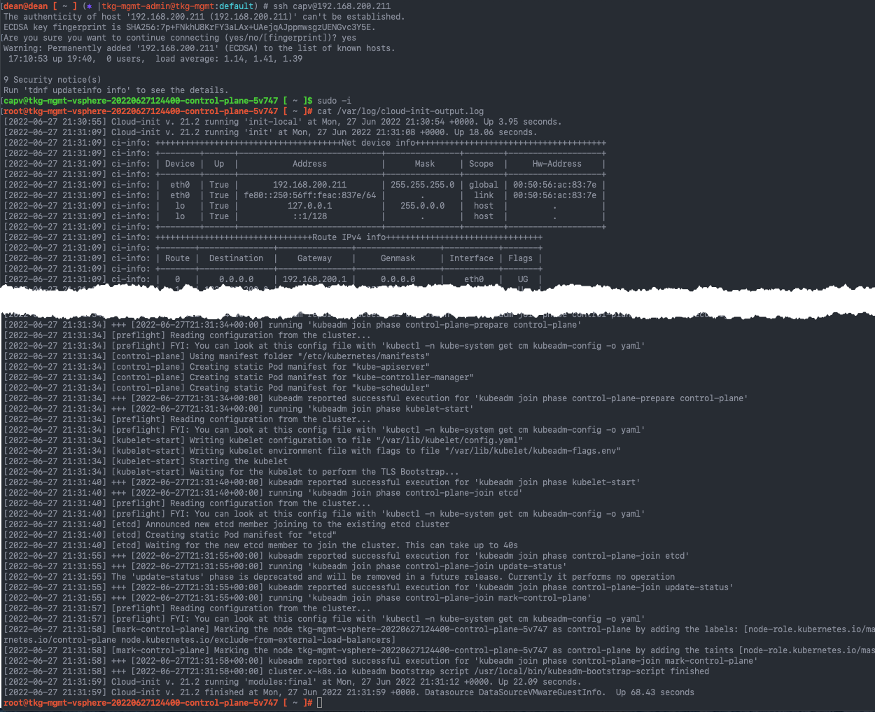 Tanzu Kubernetes Grid - Troubleshooting an upgrade - ssh to node - cat var log cloud-init-output.log