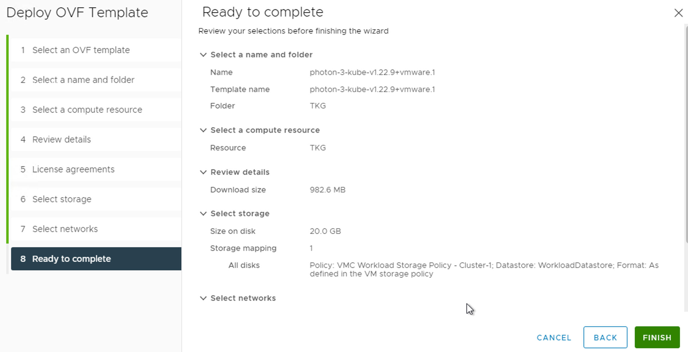 Tanzu Kubernetes Grid - Upgrade - Deploy OVF Template to vCenter - Ready to complete
