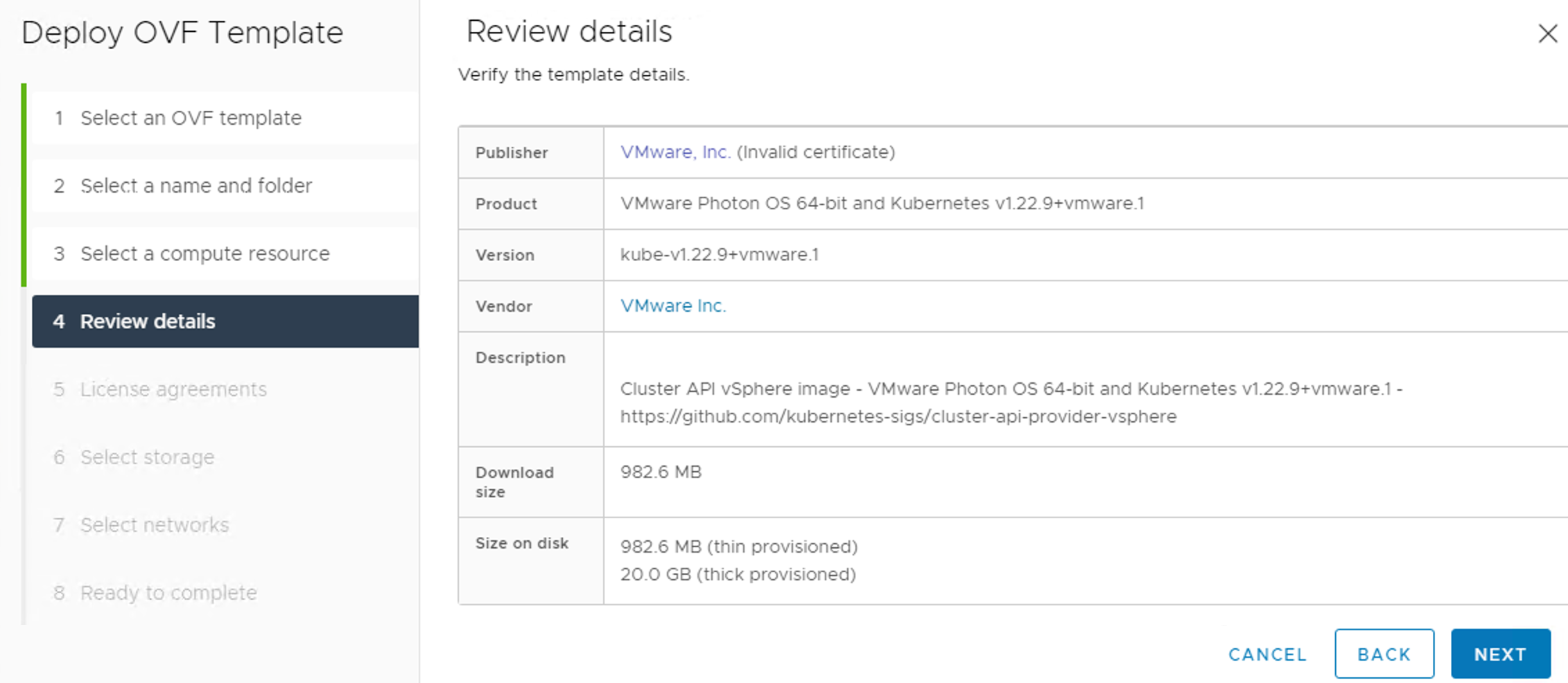 Tanzu Kubernetes Grid - Upgrade - Deploy OVF Template to vCenter - Review